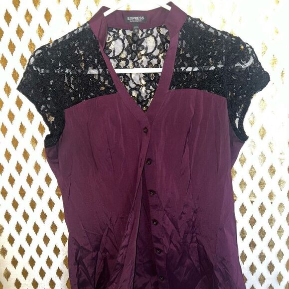 EXPRESS Maroon Burgundy Black Lace goth Top Career Work Blouse size XS - Picture 4 of 6